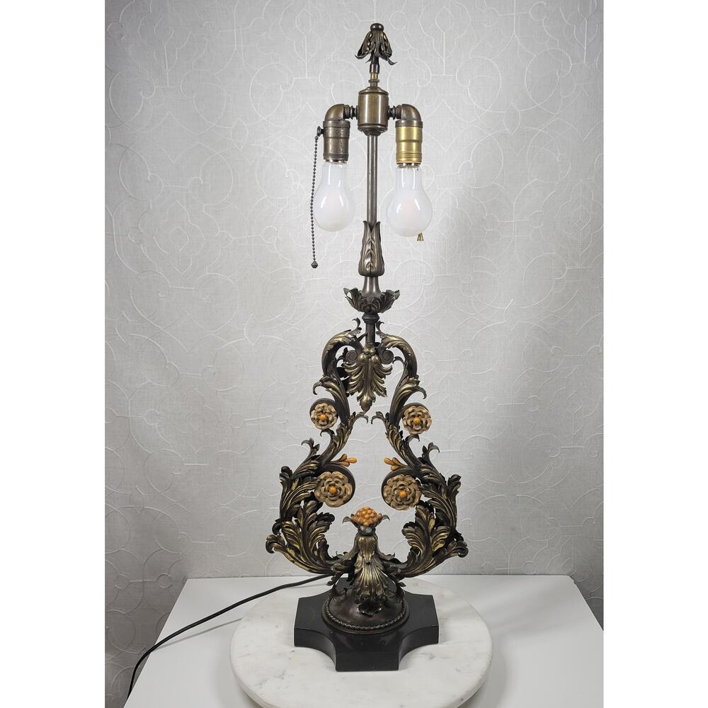 Vintage Marble Brass Bi-Light Lamp 31" Gold Elegant Ornate Floral Accent Corded
